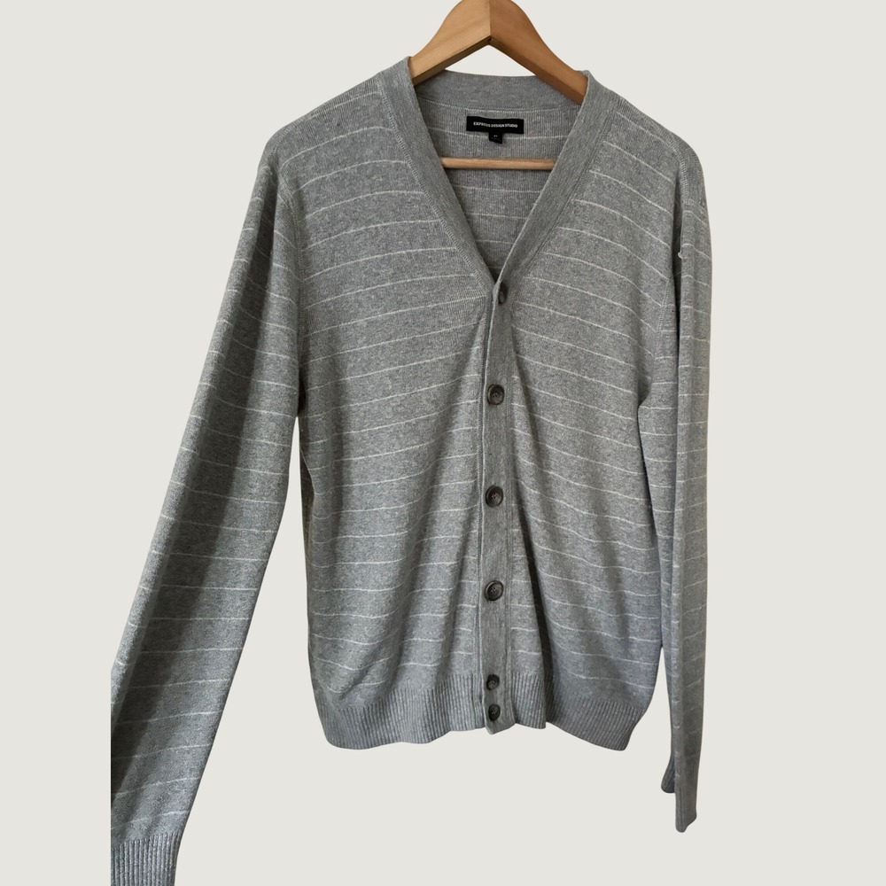 Express Design Studio Men Grey Striped  Cardigan Cotton Wool Blend M Neutral